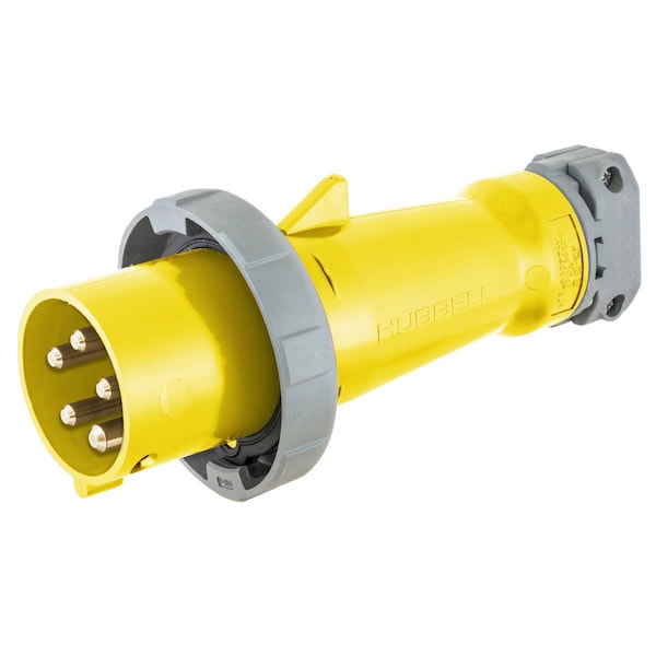 Watertight Pin & Sleeve Plug, 100 A, 600V AC, Three Phase, 4 Pole, IEC Grounding, Yellow